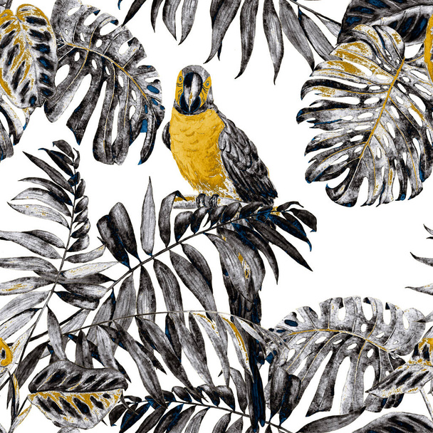 Tropical seamless pattern with watercolor jungle leaves and macaw parrots. Colorful hand drawn illustration. Exotic summer print. - 写真・画像