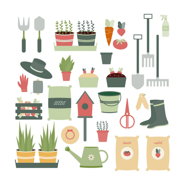 Composition with gardening tools isolated on white background. Bundle of equipment for agricultural work, plant cultivation or transplantation, work in the garden. Flat cartoon vector illustration. - Vector, Image