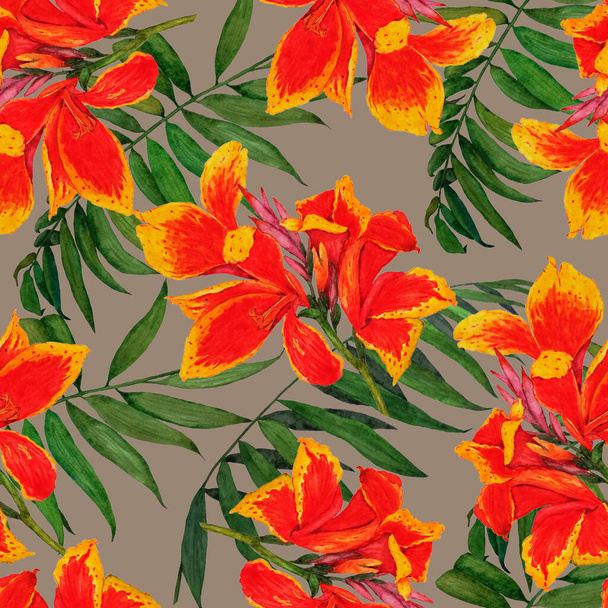 Hawaiian floral seamless pattern with watercolor tropical flowers. Exotic Canna flower. Colorful hand drawn illustration. Tropical summer print. - Fotó, kép