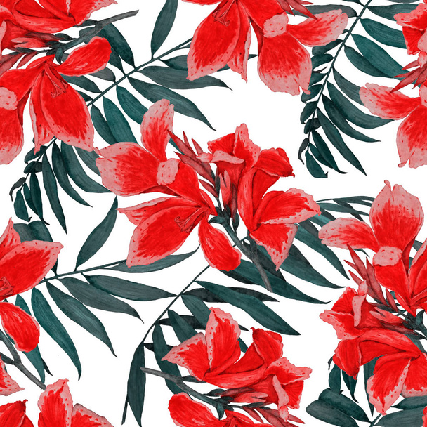 Hawaiian floral seamless pattern with watercolor tropical flowers. Exotic Canna flower. Colorful hand drawn illustration. Tropical summer print. - Foto, Imagen