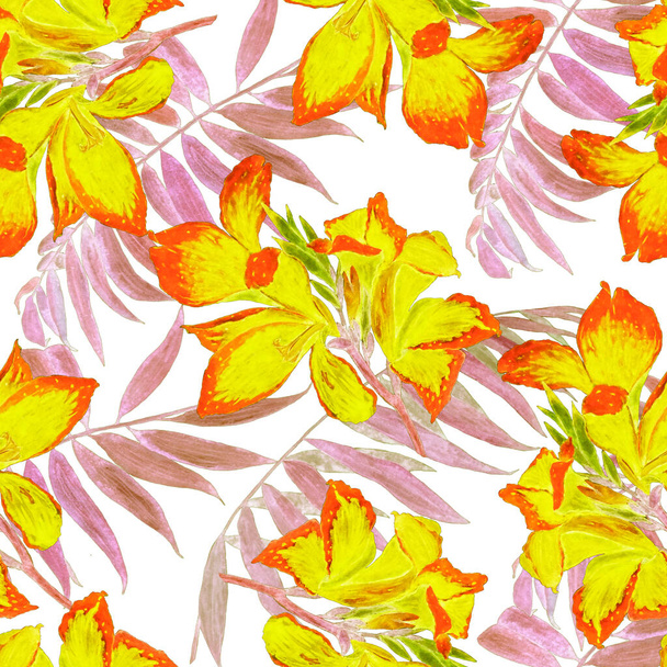 Hawaiian floral seamless pattern with watercolor tropical flowers. Exotic Canna flower. Colorful hand drawn illustration. Tropical summer print. - Фото, изображение