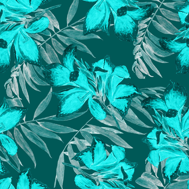 Hawaiian floral seamless pattern with watercolor tropical flowers. Exotic Canna flower. Colorful hand drawn illustration. Tropical summer print. - 写真・画像