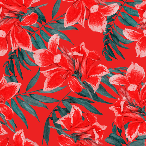 Hawaiian floral seamless pattern with watercolor tropical flowers. Exotic Canna flower. Colorful hand drawn illustration. Tropical summer print. - Foto, afbeelding