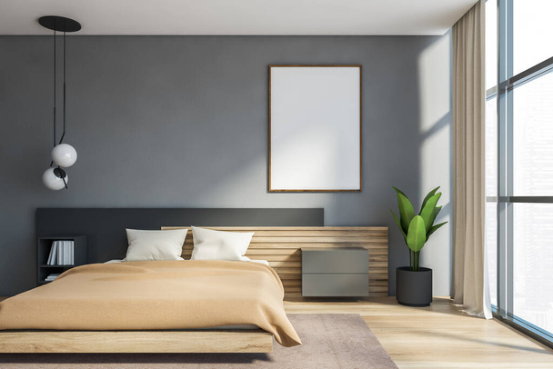 Interior of Scandinavian style bedroom with gray and wooden walls, comfortable king size bed, panoramic window and bookshelf. Vertical mock up poster. 3d rendering - 写真・画像