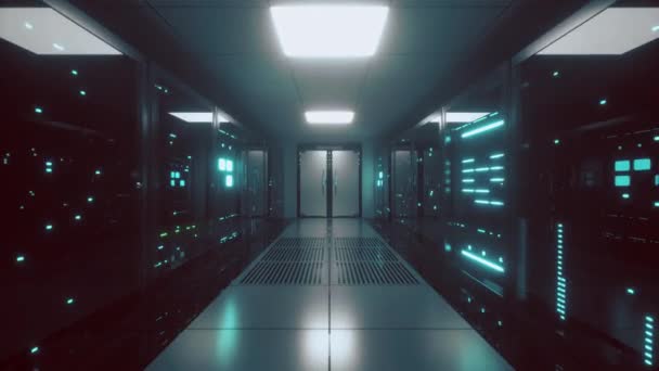Endless flight along server blocks. Data center and internet. Server rooms with working flickering panels behind the glass. Technology corridor. Seamless loop 3d render - Footage, Video