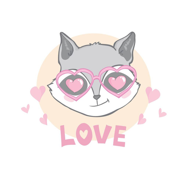 Valentine's day card - cute raccoon with hearts in his eyes spread his hands for a kiss and text I love you - Vector, afbeelding