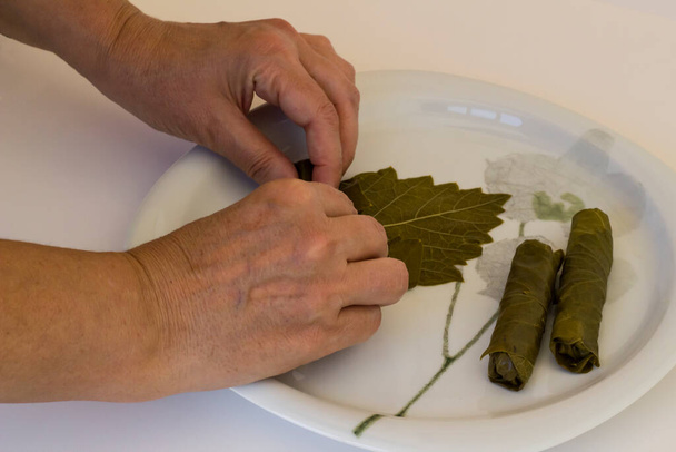 Hand is wraps, rollen van natte druivenbladeren in witte plaat, Traditionele Turkse voedselbereiding, boven het zicht - Foto, afbeelding