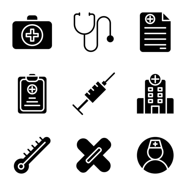 Zestaw ikon medycznych zawiera pomoc, po pierwsze, zestaw, zdrowie, lekarz, medyk, medyczny, stetoskop, receptę, zdrowy, strzykawkę, szpital, budynek, termometr, tynk, pielęgniarka, użytkownik - Wektor, obraz