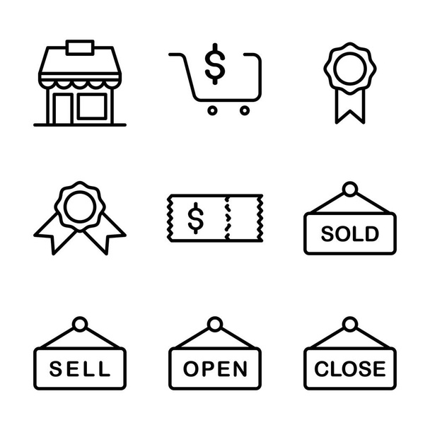 El conjunto de iconos del mercado incluye mercado, mercado, tienda, tienda, venta, recompensa, descuento, mercado, tablero, vendido, abierto, cerca
 - Vector, Imagen