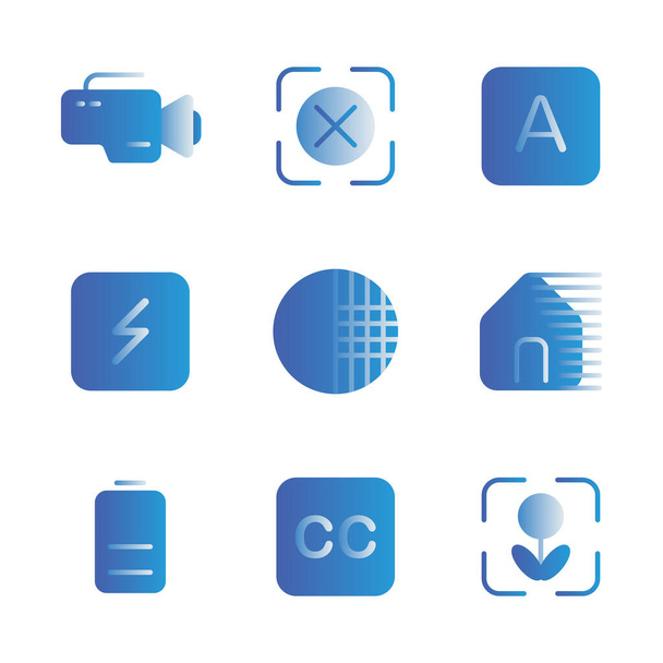 Photo editor icon set include camera, device, video, record, focus, none, auto, optional, flash, option, shade, shadow, contras, photo filter, battery, charge, power, resolution, macro - Vector, Image