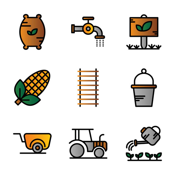Zemědělství ikona nastavit obrys styl včetně sloučeniny, osivo, hnojivo, flush, voda, potrubí, zahrada, strom, list, kukuřice, zemědělství, kukuřice cukrová, žebřík, nářadí, kbelík, kolečko, traktor, stroj, zemědělec, zavlažování, farma - Vektor, obrázek