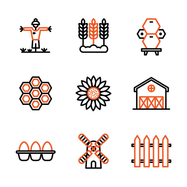 Agriculture icon set outline style including scarecrow, agriculture, farm, farming, ear, wheat, honey, bee, beehive, hive, sun flower, oil, flower, barn, building, egg, protein, energy, windmill, mill - Vector, Image