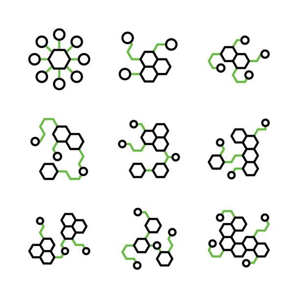 Schema icona di rete e scienza set includono medico, molecola, scienza, molecolare, medicina, chimica, atomo, ricerca, chimica, cellule, biotecnologie, astratto, biologia
 - Vettoriali, immagini