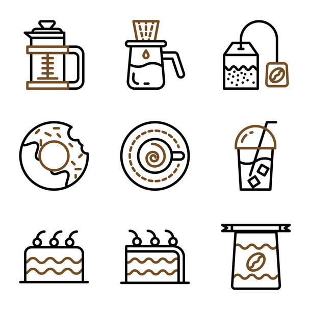 El icono básico del café vectorial incluye café, bebida, prensa, francés, cazo, goteo, bolsa, fresco, pastel, postre, donas, comida, cappuccino, espresso, café, taza, hornear, frijol, paquete
 - Vector, Imagen