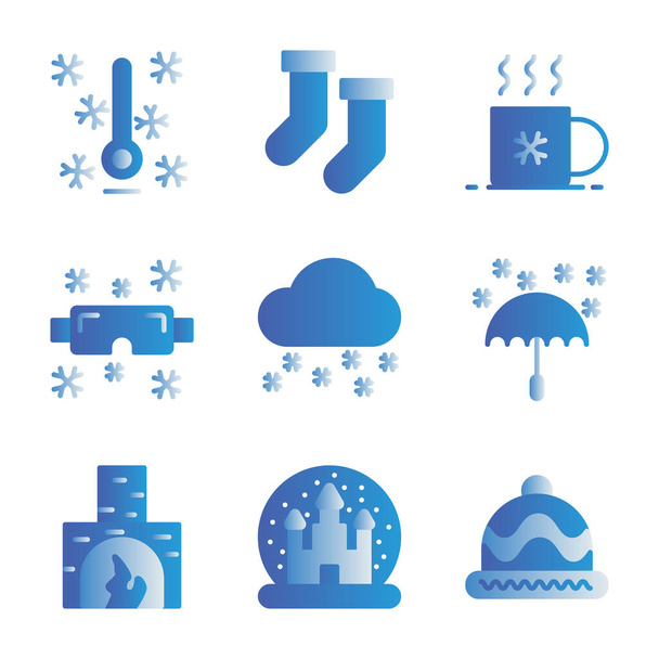 Basic vector winter icon include thermometer, coffee, cold, hot, cup, snow glasses, snow, snowboard, cloud, rain, fireplace, fire, castle ball, Castile, ball, hat, ski - Vector, Image