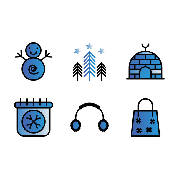 L'icône vectorielle de base de l'hiver comprend bonhomme de neige, hiver, gelé, neige, forêt, nature, arbre, igloo, glace, maison, eskimo, frais, calendrier, saison, écouteur, cache-oreilles, sac, escompte
 - Vecteur, image