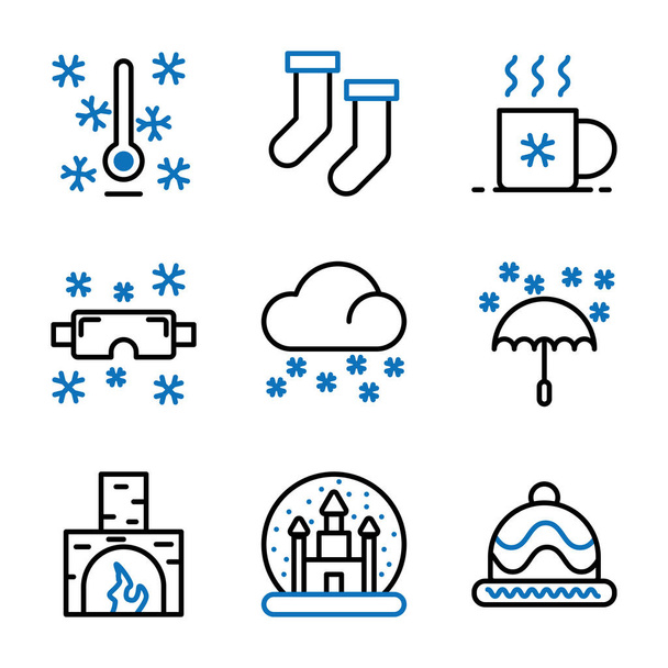 К векторным значкам зимы относятся термометр, кофе, холод, жара, чашка, снежные очки, снег, сноуборд, облако, дождь, камин, огонь, мяч замка, мяч, шляпа, лыжи
 - Вектор,изображение