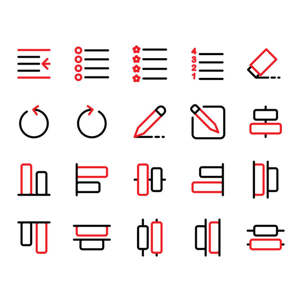 Editing text icon set include indent, bullet, numbering, list, eraser, undo, pen, pencil, draw, compose, write, bottom, distribute, top, select, editorial, alignment
, - Вектор,изображение