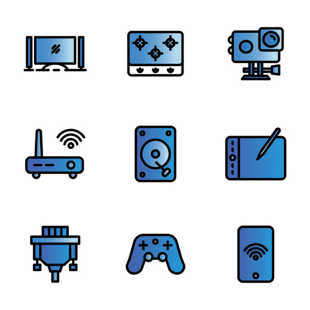 Ensemble d'icônes électroniques : moniteur, caméra d'action, routeur, adaptateur
 - Vecteur, image