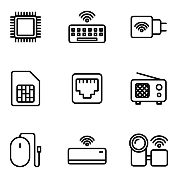 Elektroninen ja laite kuvakesarja ovat prosessori, näppäimistö, laturi, muistikortti, kaapeli lan, radio, hiiri, ilmastointilaite, kamera - Vektori, kuva