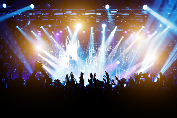Tevreden mensen bij het concert, gekleurd licht van het podium - Foto, afbeelding