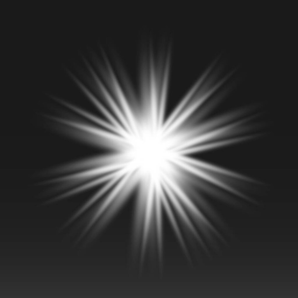 Leuchtende Lichteffekte isoliert auf schwarzem Hintergrund. Sonne blitzt mit Strahlen und Scheinwerfern. Lichteffekt. Stern platzt vor Funkeln. - Vektor, Bild