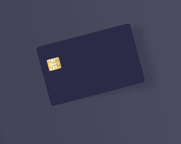 Here is a blank blue credit or debit card with a golden EMV chip. Text area. Copy area.  The card casts a shadow on a light gray background - Photo, Image