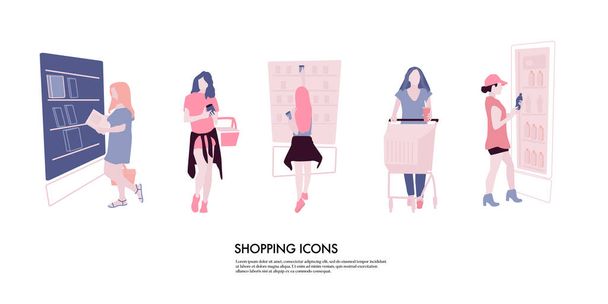 Nő csinál Shopping rajzfilm koncepció. Bevásárlókocsis lány, aki élelmiszert vásárol. Emberek a piacon lakás illusztráció . - Vektor, kép