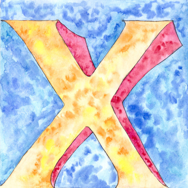 ilustración de la letra X del alfabeto inglés y latino con textura acuarela, símbolo de fuente X. Letras elemento amarillo aislado en azul
. - Foto, imagen