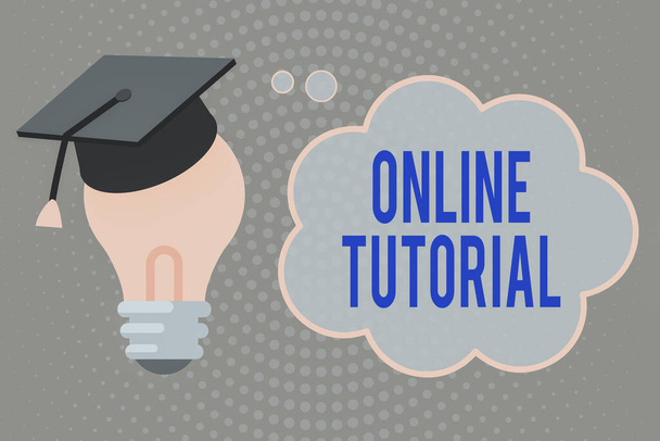 Handwriting text writing Online Tutorial. Concept meaning An individual is being trained under digital technology 3D Graduation Cap Thinking Resting on Bulb with Blank Cloud Thought Bubble. - Photo, Image