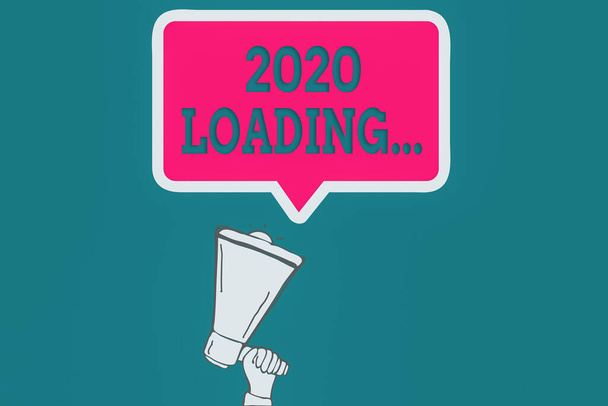 Text rukopisu 2020 Loading.... Koncept znamená rok složený z řady událostí, které stále probíhají Hu analýza Ruční držení nahoru Megaphone a prázdné řeči Bubble with Border. - Fotografie, Obrázek