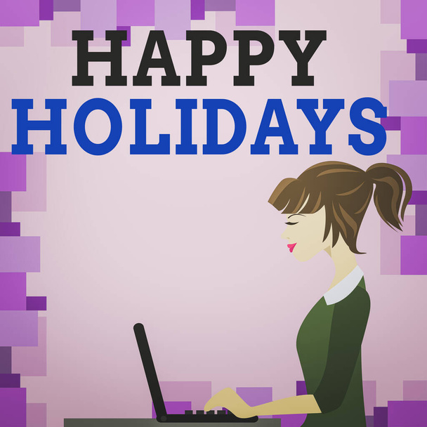 Word writing text Happy Holidays. Business concept for observance of the Christmas spirit lasting for a week photo of Young Busy Woman Sitting Side View and Working on her Laptop. - Photo, Image
