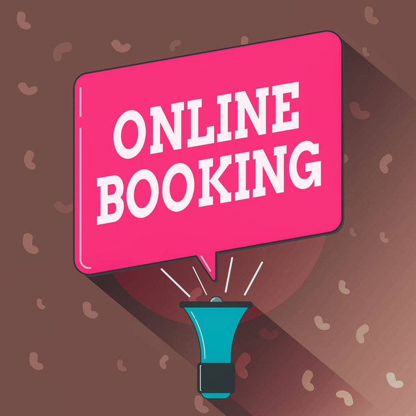 Conceptual hand writing showing Online Booking. Business photo text allows consumers to reserve for activity through the website Megaphone Louder Handheld Amplifier and Blank Speech Bubble. - Photo, Image