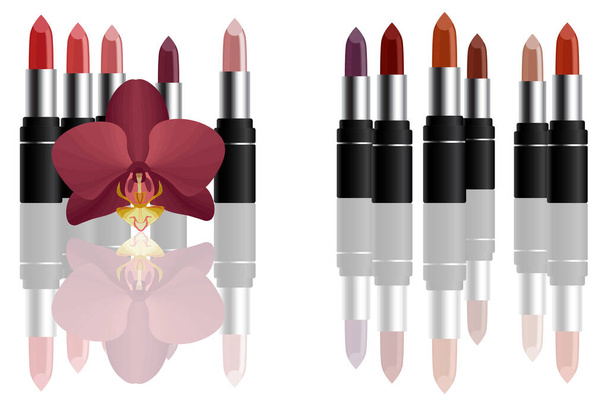 Roter heller Lippenstift mit rotem Orchideen-Make-up-Konzept - Vektor, Bild