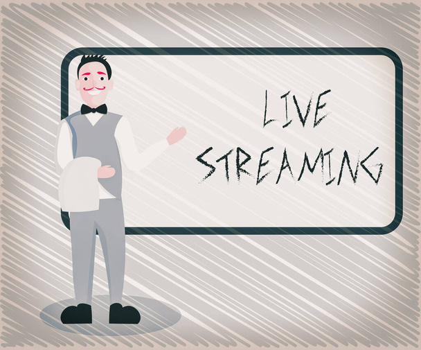 Text sign showing Live Streaming. Conceptual photo displaying audio or media content through digital devices Male Waiter Smiling Standing in Uniform Hand Presenting Blank Menu Board. - Photo, Image
