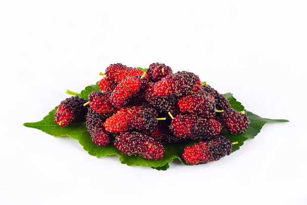 mulberry berry with leaf on white background healthy mulberry fruit food isolated - Photo, Image