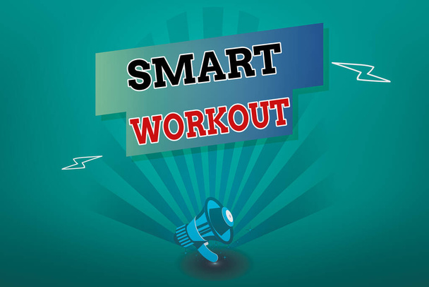 Schreiben Notiz zeigt Smart Workout. Business-Foto zeigt zweckmäßig gestaltete Übung, um das Muskelwachstum zu maximieren Megaphone Lightning Burst und rechteckige Form mit Schatten. - Foto, Bild