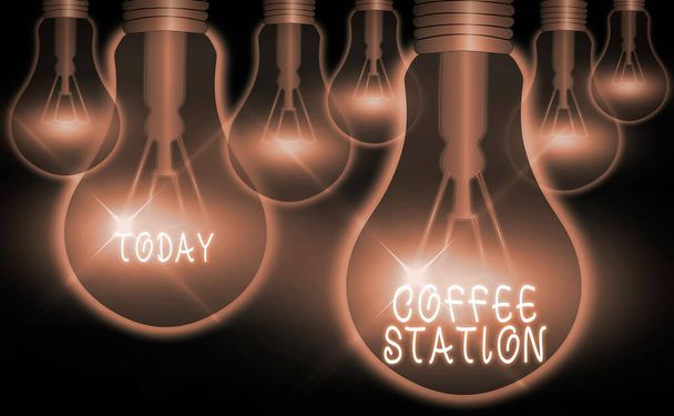Kelime yazma Kahve İstasyonu. Tipik olarak sıcak içecek servisi yapan küçük, gayri resmi bir restoran için iş konsepti. - Fotoğraf, Görsel