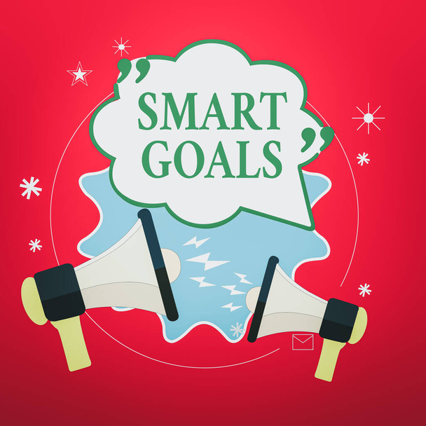 Handwriting text Smart Goals. Concept meaning mnemonic used as a basis for setting objectives and direction Blank Speech Bubble with Quotation Mark Two Megaphones shouting and Arguing. - Photo, Image