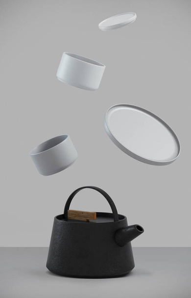 Современный черный чугунный чайник с левитационными чашками, художественный фон, набор искусства для чая. 3d-рендеринг
. - Фото, изображение