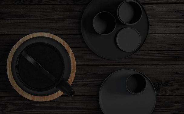 Moderní černé litinové čajové konvice a čajové šálky a minimalistický stolní dřevo narodil. Pohled shora, čas na čaj. 3D vykreslování - Fotografie, Obrázek