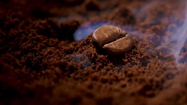 Koffieboon op gebrande gemalen koffiebonen met koffierook. - Video