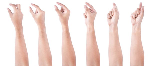 Група чоловічих азіатських жестів рук ізольована на білому тлі. Рука хапайте речі двома пальцями Дія
. - Фото, зображення