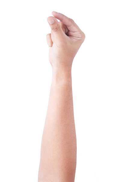 Mužské asijské gesta rukou izolované přes bílé pozadí. Ruka Chyť věc dvěma prsty Akce. - Fotografie, Obrázek