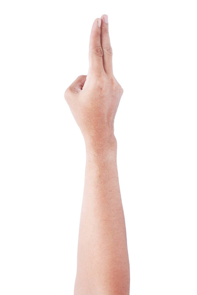 Mužské asijské gesta rukou izolované přes bílé pozadí. Měkké uchopení se dvěma prsty akce. - Fotografie, Obrázek