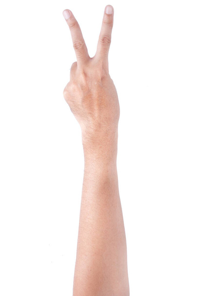 Les gestes de la main masculine asiatique isolé sur le fond blanc. Deux doigts Action. Pose de la victoire
. - Photo, image