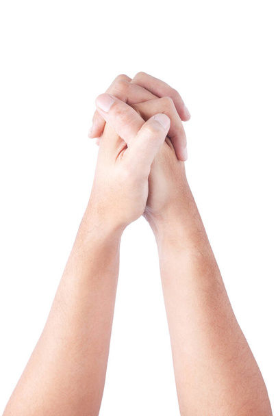 Крупный план руки человека, касающегося руки, здоровой кожи на белом фоне
. - Фото, изображение