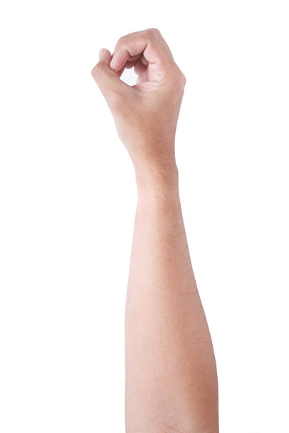  Męskie azjatyckie gesty dłoni odizolowane na białym tle. Grab Round Thing z pięciu palców działania. - Zdjęcie, obraz