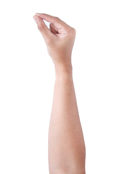 Чоловічі азіатські жести рук ізольовані на білому тлі. Візьміть малесеньку річ з двома пальцями дію
. - Фото, зображення