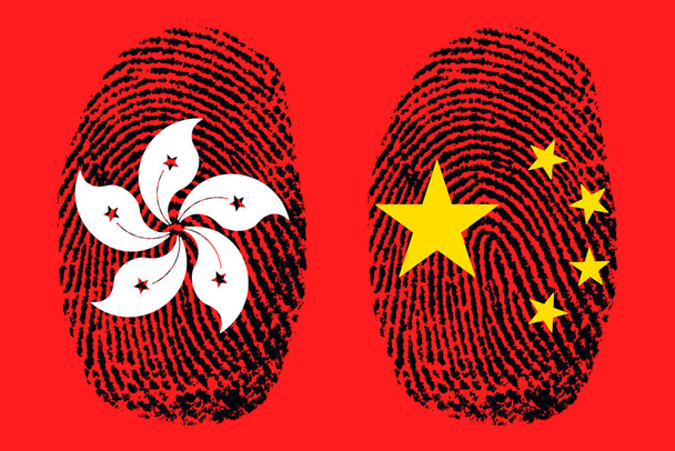 Σημαία Κίνας και Χονγκ Κονγκ με μαύρο δακτυλικό αποτύπωμα. - Φωτογραφία, εικόνα